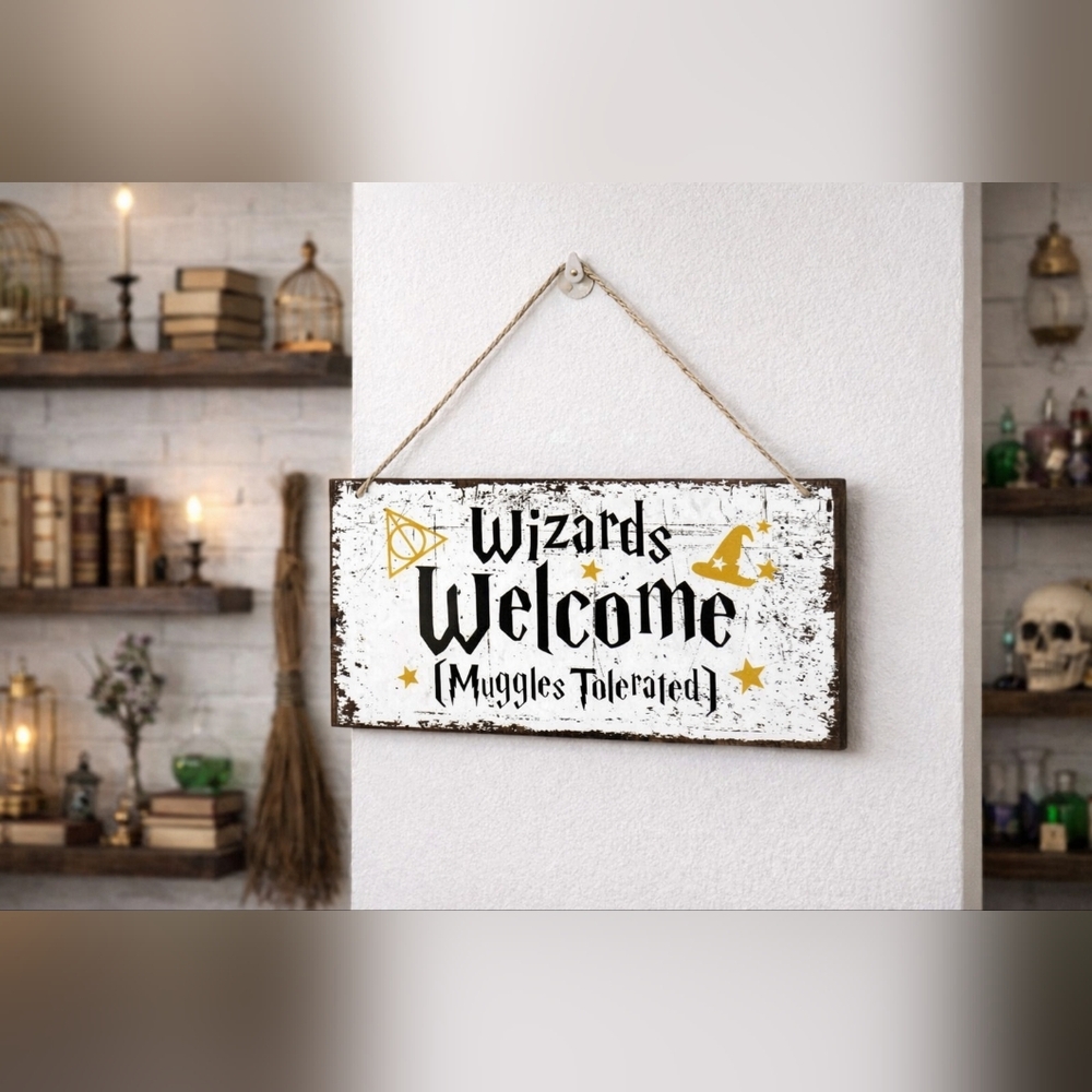 Wizards Welcome Muggles Tolerated Wooden Hanging Sign‎ Wizard Fantasy Decor